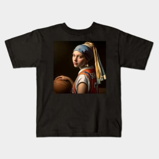 Court Elegance: Pearl Earring Girl's March Madness Kids T-Shirt